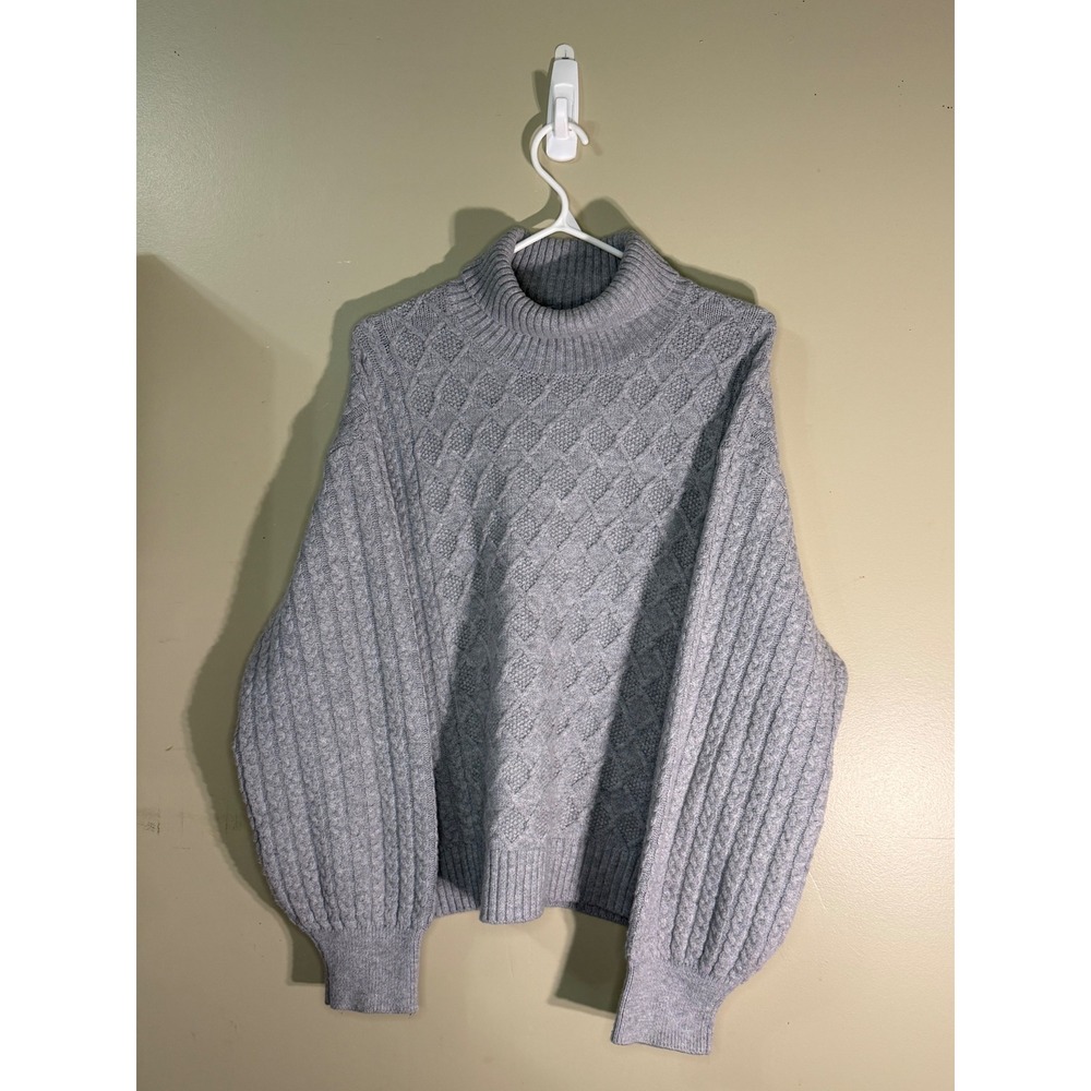 Venini Grey Cable Knit Turtleneck Sweater Womens Large Balloon Sleeve Pullover